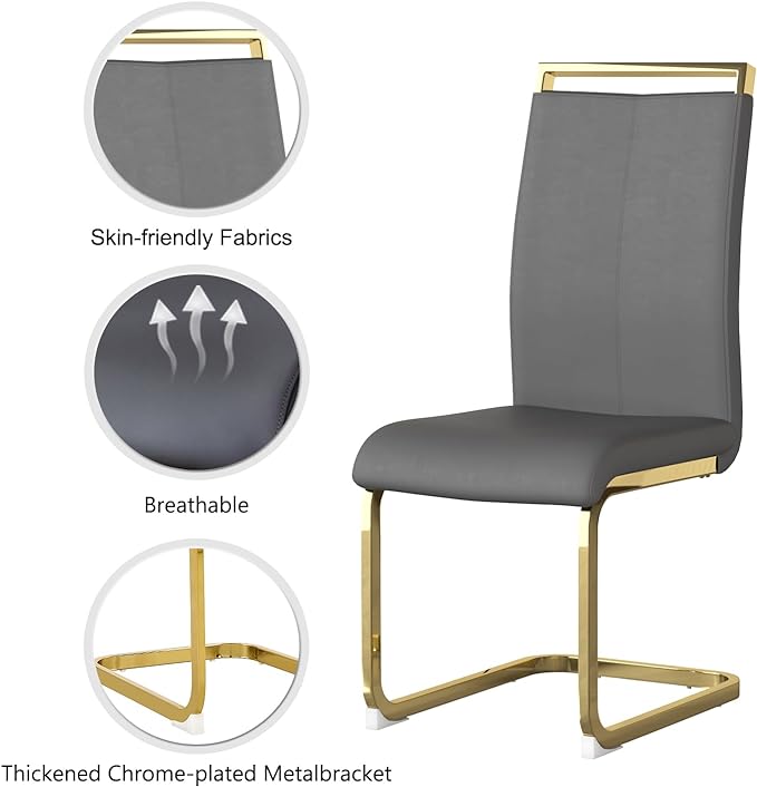 Modern Dining Chairs Set of 6,High Back Grey Kitchen Chairs,Faux Leather Side Chair with Gold Plated Metal Legs,Easy to Clean Upholstered Dining Chairs,Ideal for Living Room(Gold Leg) - LeafyLoom