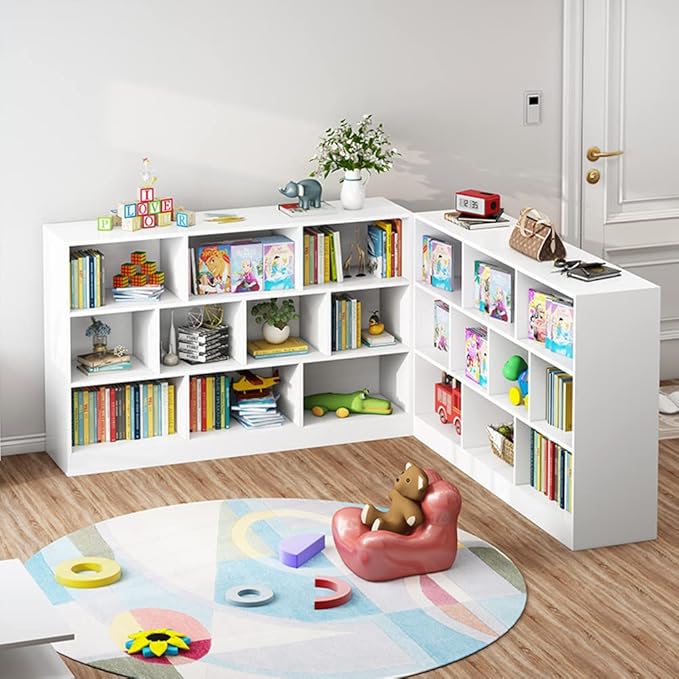 IOTXY Open Shelf Low Bookcase - Wooden 3-Tier Floor Standing Display Cabinet Organizer with Base, 8 Cubes Short Horizontal Bookshelf in Warm White - LeafyLoom