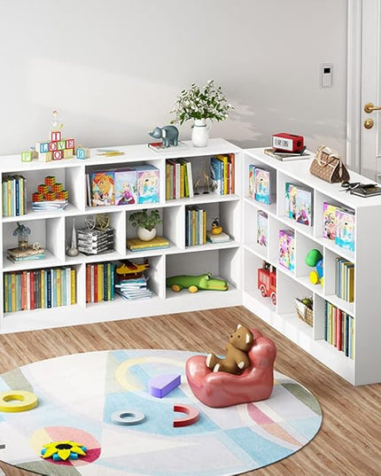 IOTXY Open Shelf Low Bookcase - Wooden 3-Tier Floor Standing Display Cabinet Organizer with Base, 10 Cubes Short Horizontal Bookshelf in Warm White - LeafyLoom