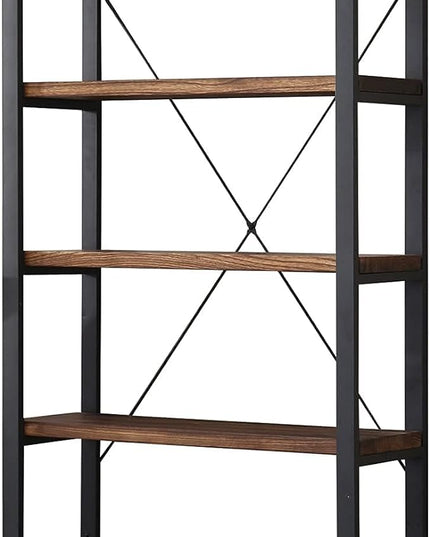 5 Tier Bookcase, Solid Rustic Industrial Etagere Bookcase, Metal and Wood Free Vintage Bookshelf, Retro Brown (Real Wood) (5-Tier) - LeafyLoom
