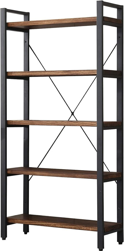 5 Tier Bookcase, Solid Rustic Industrial Etagere Bookcase, Metal and Wood Free Vintage Bookshelf, Retro Brown (Real Wood) (5-Tier) - LeafyLoom