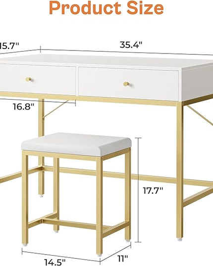 SUPERJARE 35.4" White and Gold Desk with 2 Drawers, Modern Makeup Vanity Desk with Padded Stool, Small Computer Desk Home Office Desk for Writing Study Bedroom - LeafyLoom