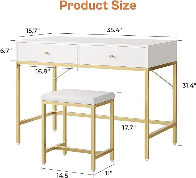 SUPERJARE 35.4" White and Gold Desk with 2 Drawers, Modern Makeup Vanity Desk with Padded Stool, Small Computer Desk Home Office Desk for Writing Study Bedroom - LeafyLoom