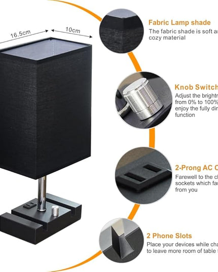 Fully Dimmable Nightstand Lamp for Bedroom with AC Outlet, Table Lamp with Two Phone Stands, Bedside Lamps, Desk Lamp for Bedroom, Living Room, LED Bulb Included Black - LeafyLoom