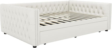 Full Size Daybed, Upholstered Tufted Sofa Bed with Trundle, Daybed with Button & Copper Nail on Square Arms, Full Daybed with Twin Trundle, White - LeafyLoom