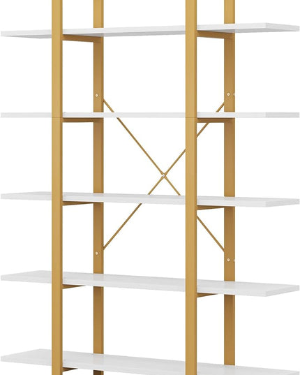 Tribesigns 5-Tier Bookshelf, Vintage Industrial Style Bookcase 70 ‘’ H x 12’’ W x 47’’L, Gold - LeafyLoom