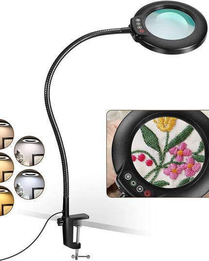 VEEMAGNI 10X Magnifying Glass with Light and Clamp, 23" Gooseneck 5 Color Modes Stepless Dimmable LED Desk Lamp, Real Glass Table Lighted Magnifier Hands Free for Craft Painting Sewing Close Work - LeafyLoom