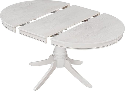 5-Piece Wooden Round Extendable Dining Table and 4 Upholstered Chairs Set for Kitchen Room Furniture, Retro Style, Antique White, 42"-58" L x 42" W x 30" H - LeafyLoom
