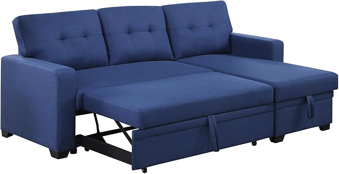 L Shape Sleeper Sofa Bed with Storage, Large Full Size Pull Out Sectional Couch, Futon Chaise Lounge Recliner for Living Room, Apartment, Bedroom, Office, Blue - LeafyLoom