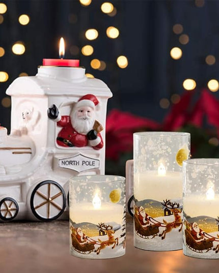 DRomance Santa Claus Glass Flameless Candles Battery Operated Remote and Timer Real Wax LED Flickering Pillar Candles White Cold Light Window Christmas Holiday Decor D3 x H4, 5", 6" DRomance