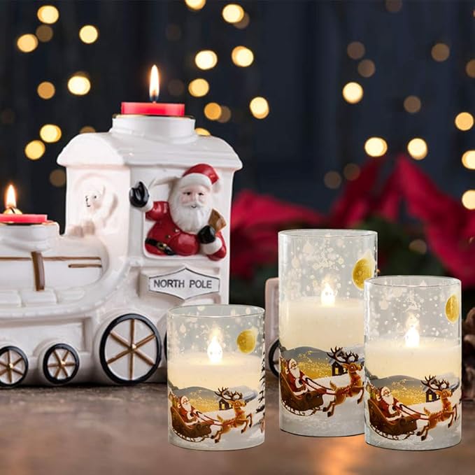 DRomance Santa Claus Glass Flameless Candles Battery Operated Remote and Timer Real Wax LED Flickering Pillar Candles White Cold Light Window Christmas Holiday Decor D3 x H4, 5", 6" DRomance