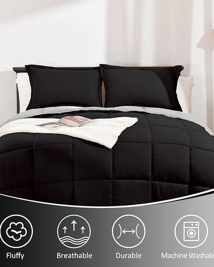 Basic Beyond King Size Comforter Set - Fluffy King Bed Comforter Set for All Seasons - Reversible Black and Grey King Comforter Set - 3 Pieces (1 Comforter + 2 Pillow Shams) - LeafyLoom