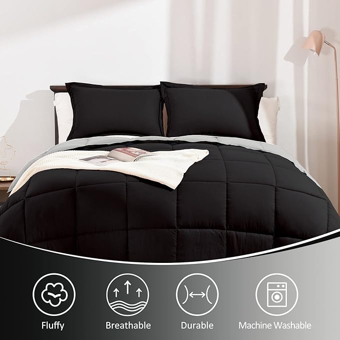 Basic Beyond Queen Comforter Set - Fluffy Comforter Queen Set for All Seasons - Reversible Black and Grey Queen Comforter Set for Mens - 3 Pieces (1 Comforter + 2 Pillow Shams) - LeafyLoom