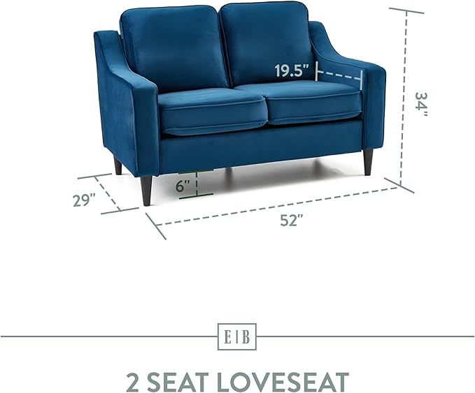 Edenbrook Jensen Upholstered Loveseat – Blue Velvet Loveseat - Living Room Furniture - Small Loveseat- Seats Two - Scoop Arm Modern Couch - Couches for Living Room - LeafyLoom