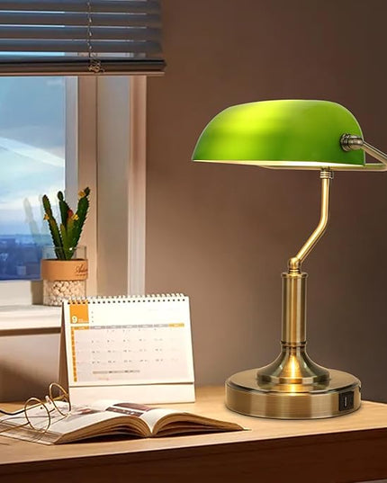 Bankers Lamp, Green Desk Lamp with Touch Control Switch, Retro Lamp with USB and Type C Charging Ports, Vintage Lamp for Home Office, Piano, Library, LED Bulb Included (Vintage) - LeafyLoom