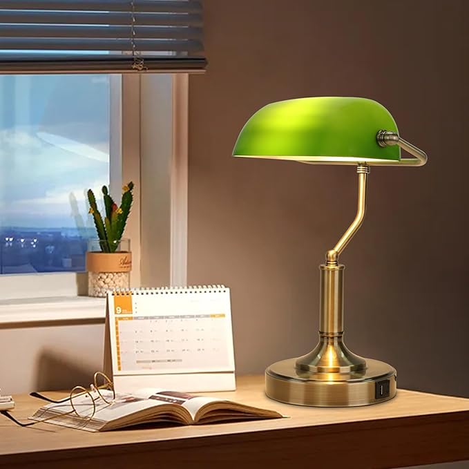 Bankers Lamp, Green Desk Lamp with Touch Control Switch, Retro Lamp with USB and Type C Charging Ports, Vintage Lamp for Home Office, Piano, Library, LED Bulb Included (Vintage) - LeafyLoom