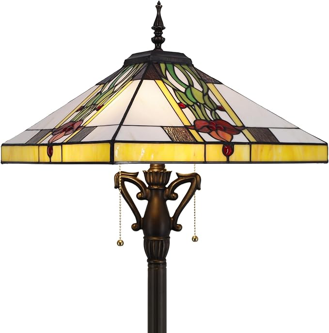 Tiffany Floor Lamp Mission Style Stained Glass Standing Reading Light 16X16X64 Inch Tulip Flower - LeafyLoom