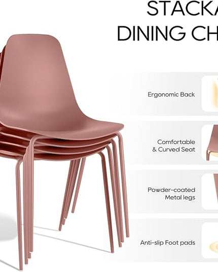 COLAMY Stackable Dining Chairs Set of 4, Indoor Outdoor Dining Room Side Chairs with Metal Legs, Modern Plastic Patio Chairs for Home/Kitchen/Office/Resturant/Bistro/Cafe, Pink - LeafyLoom