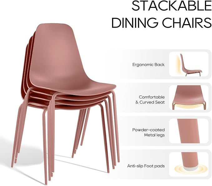 COLAMY Stackable Dining Chairs Set of 4, Indoor Outdoor Dining Room Side Chairs with Metal Legs, Modern Plastic Patio Chairs for Home/Kitchen/Office/Resturant/Bistro/Cafe, Pink - LeafyLoom