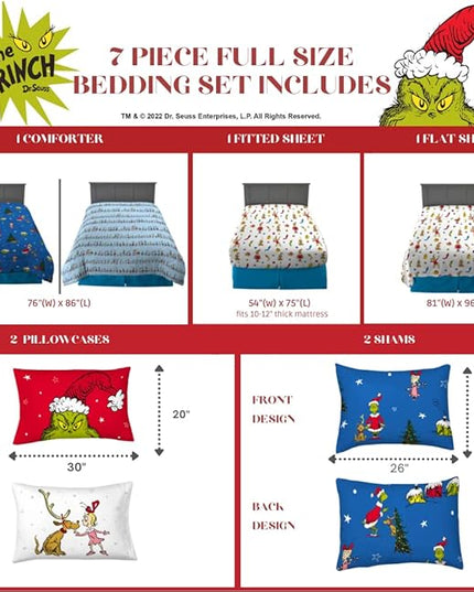 Franco Grinch by Dr. Seuss Holiday & Christmas Bedding Super Soft Comforter and Sheet Set with Sham, 7 Piece Full Size (Official Dr. Seuss product) - LeafyLoom
