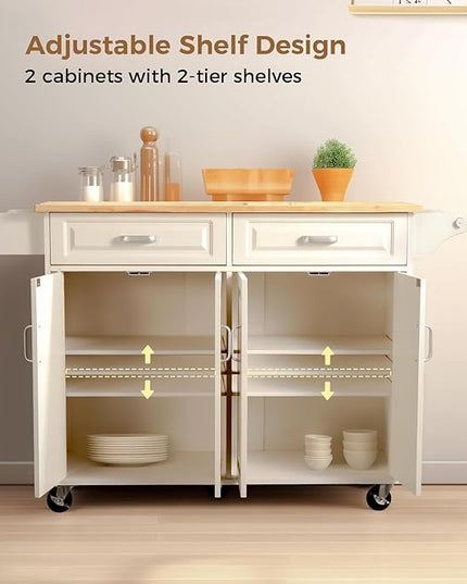 54“ Large Kitchen Island with Storage, Kitchen Cart on Wheels with 2 Large Drawers, Adjustable Shelf Inside Cabinet, Spice Rack & Towel Rack, Simple Design Rolling Island Table for Kitchen - LeafyLoom