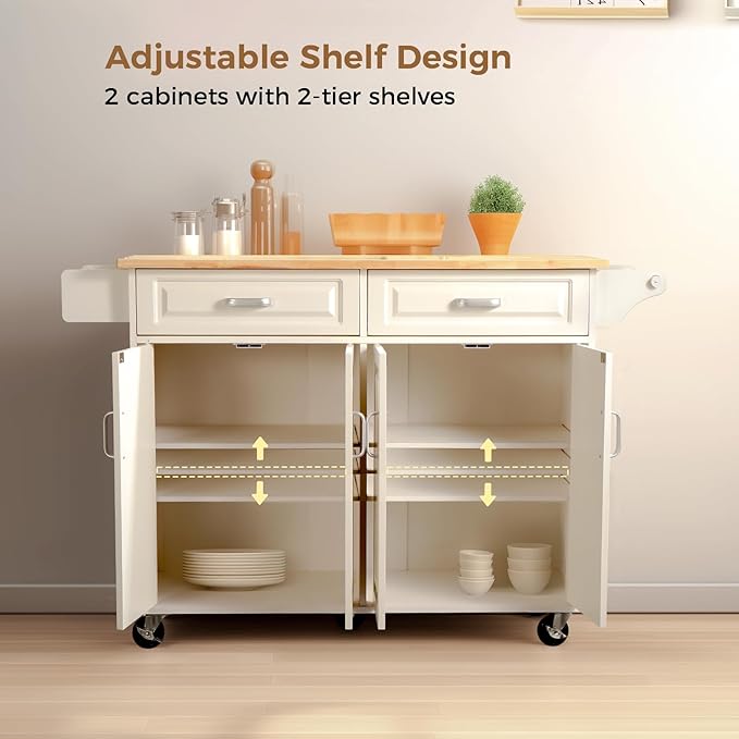 54“ Large Kitchen Island with Storage, Kitchen Cart on Wheels with 2 Large Drawers, Adjustable Shelf Inside Cabinet, Spice Rack & Towel Rack, Simple Design Rolling Island Table for Kitchen - LeafyLoom