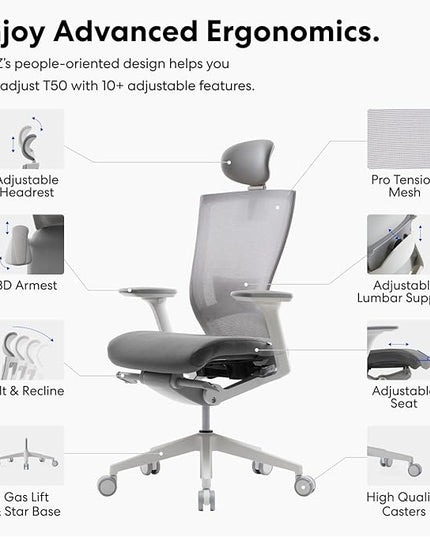 SIDIZ T50 Ergonomic Office Chair : High Performance Home Office Chair with Adjustable Headrest, Lumbar Support, 3D Armrest, Seat Depth, Mesh Back Computer Chair, Alternative Gaming Chair (Gray) - LeafyLoom