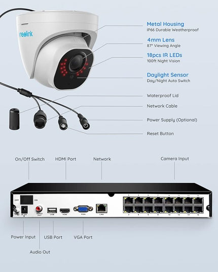 REOLINK 4K Security Camera System Wired, 8pcs H.265 Dome 4K PoE Cameras for Home Security Outdoors, Smart Person Vehicle Detection, 16CH NVR with 4TB HDD for 24-7 Recording, RLK16-800D8 REOLINK