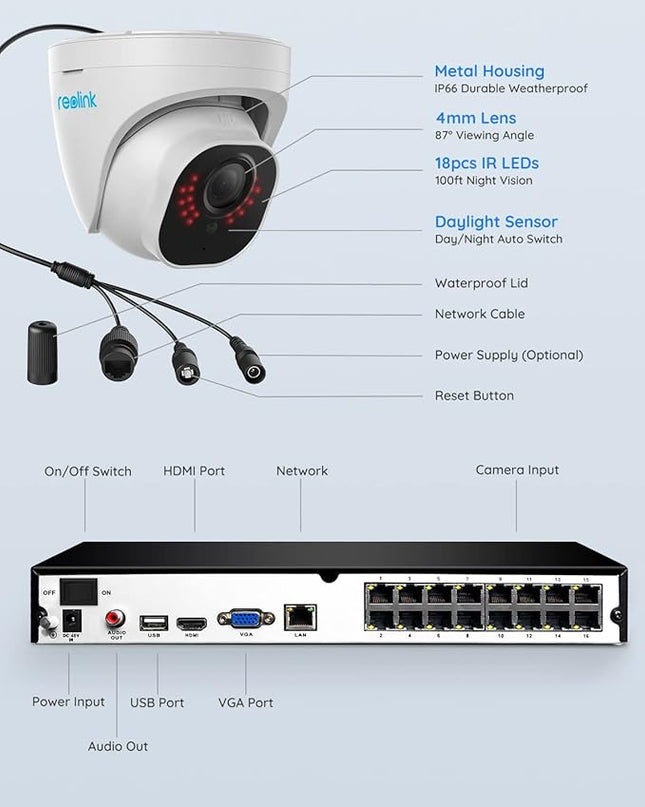 REOLINK 4K Security Camera System Wired, 8pcs H.265 Dome 4K PoE Cameras for Home Security Outdoors, Smart Person Vehicle Detection, 16CH NVR with 4TB HDD for 24-7 Recording, RLK16-800D8 REOLINK