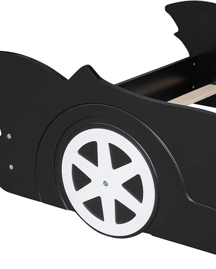 Car Shaped Toddler Bed with Wheels,Racecar Platform Beds W/Safety Guardrail,Slats Support,Stylish Design,Easy Assembly,Wood Twin Bedframe for Boys Toddlers Kids Teens Bedroom,Black - LeafyLoom
