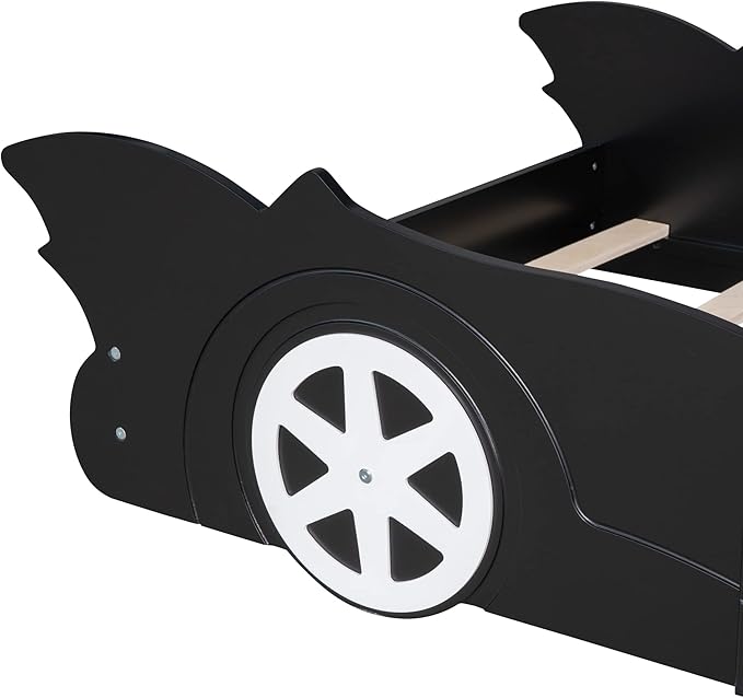 Car Shaped Toddler Bed with Wheels,Racecar Platform Beds W/Safety Guardrail,Slats Support,Stylish Design,Easy Assembly,Wood Twin Bedframe for Boys Toddlers Kids Teens Bedroom,Black - LeafyLoom
