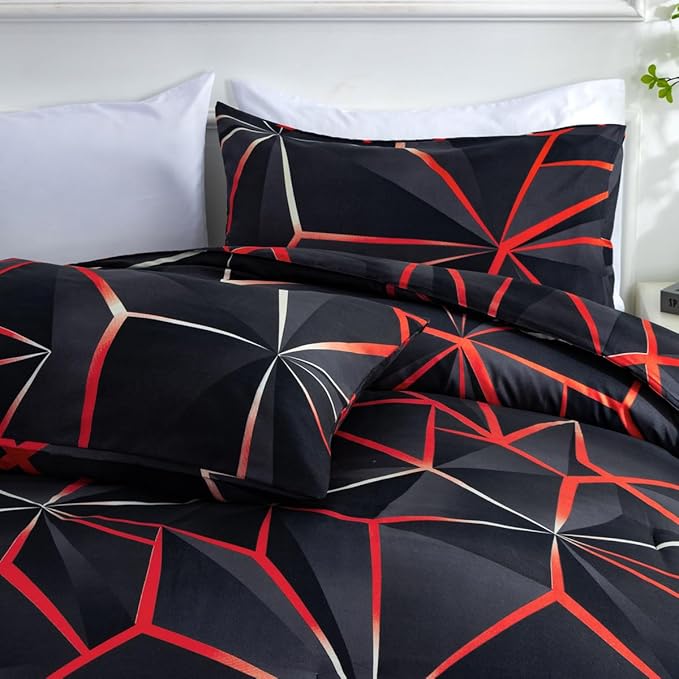 NTBED 3D Geometric Comforter Set for Boys Girls Kids, Irregular Diamond Pattern Lightweight Microfiber Bedding Sets All Season (Red, Twin) - LeafyLoom