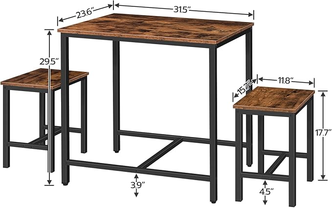 HOOBRO 3-Piece Industrial Dining Table Set, Space Saving Dinette for Kitchen, Dining Room, Small Space, Breakfast Nook, Living Room, Party, Rustic Brown and Black BF75CZ01G1 - LeafyLoom
