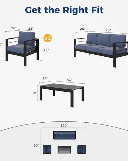 Wisteria Lane Aluminum Outdoor Patio Furniture Set, 4 Pcs Modern Outdoor Conversation Set Sectional Sofa with Upgrade Cushion and Coffee Table for Balcony,Black Frame and Blue Cushion - LeafyLoom