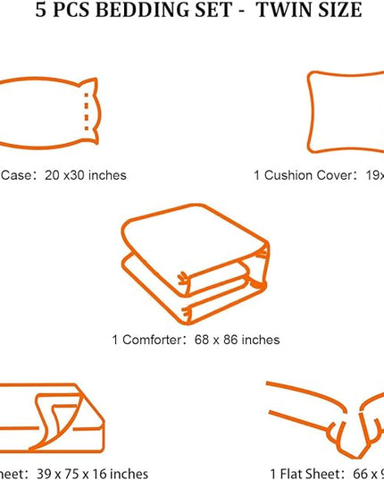 5 Pieces Bed in a Bag for Boys Bedding Sets Twin Size,Gamer Comforter Sets for Boys Kids, Gaming Comforter Set for Boys Room Decor with Flat Sheet,Fitted Sheet,Pillowcase,Cushion Cover - LeafyLoom