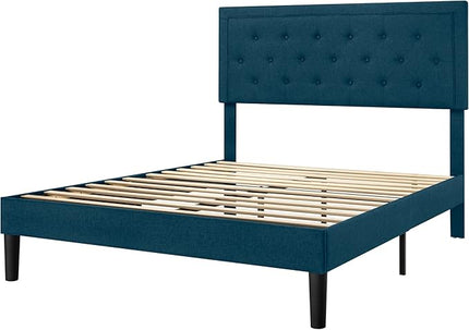 Allewie Full Size Bed Frame Upholstered Platform Bed with Adjustable Headboard, Button Tufted, Wood Slat Support, Easy Assembly, Blue - LeafyLoom