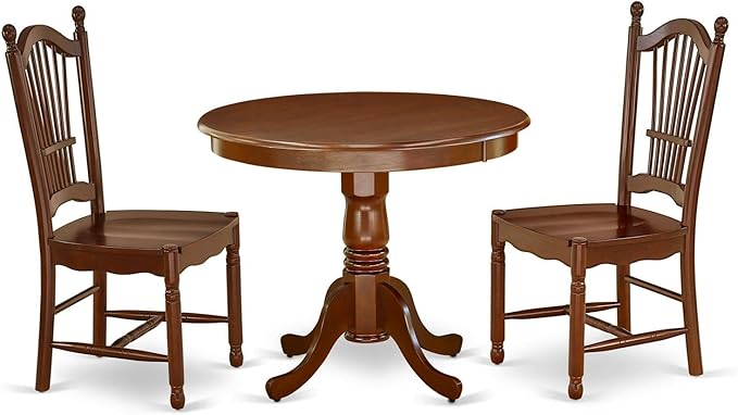 East West Furniture ANDO3-MAH-W Antique 3 Piece Set Contains a Round Dining Room Table with Pedestal and 2 Wood Seat Chairs, 36x36 Inch - LeafyLoom
