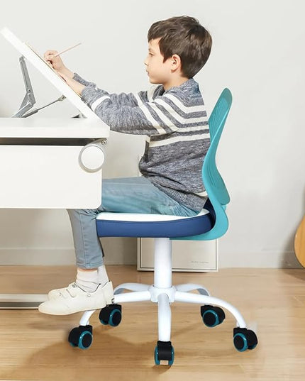 Desk Chair Small Study Chairs Armless for Children Kids Teens, Swivel Rolling Lightweight Task Chair with Wheels and Pu Leather Padded Cushion, Green/Navy - LeafyLoom