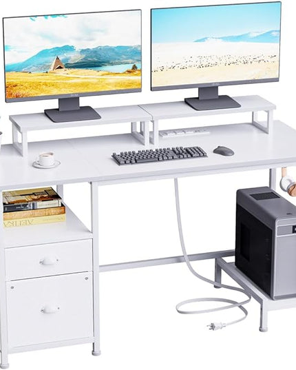 Furologee White Computer Desk with Drawer and Power Outlets, 47" Office Desk with 2 Monitor Stands and Fabric File Cabinet, Writing Gaming Table with Shelves and 2 Hooks for Home Office - LeafyLoom