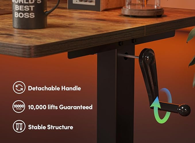 FEZIBO Crank Height Adjustable Desk, 40 Inches Manual Standing Desk, Writing Table with Handle, Home Office Desk with Black Frame/Rustic Brown Top - LeafyLoom