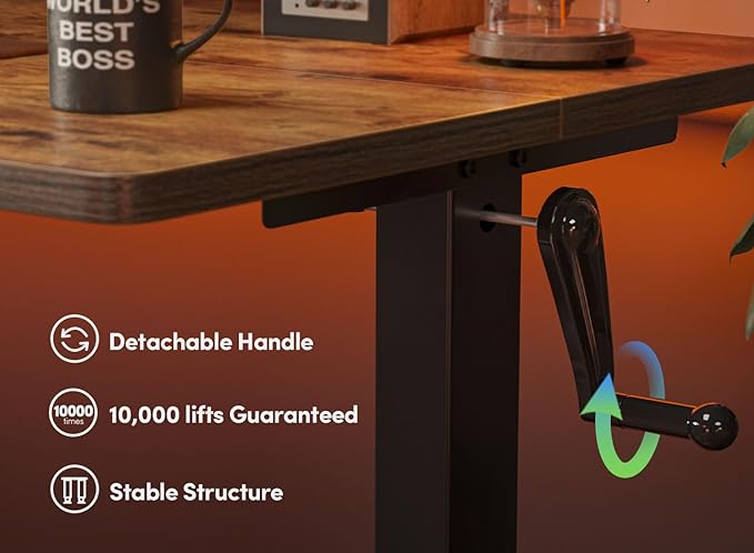 FEZIBO Crank Height Adjustable Desk, 48 Inches Manual Standing Desk, Writing Table with Handle, Home Office Desk with Black Frame/Rustic Brown Top - LeafyLoom