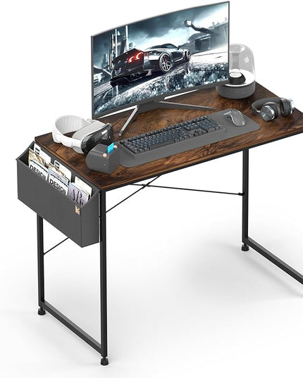 MoNiBloom Home Office Gaming Desk, 40 Inches Computer Study Table with A Storage Bag, Rustic Brown - LeafyLoom