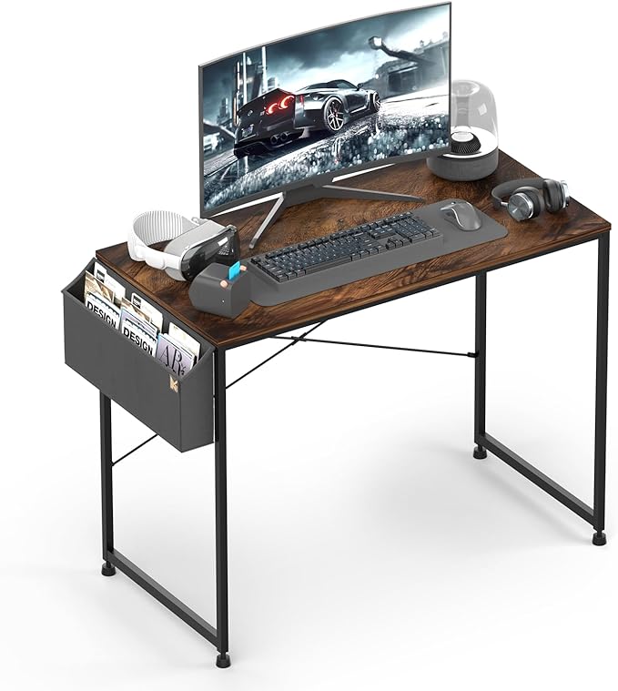 MoNiBloom Home Office Gaming Desk, 40 Inches Computer Study Table with A Storage Bag, Rustic Brown - LeafyLoom