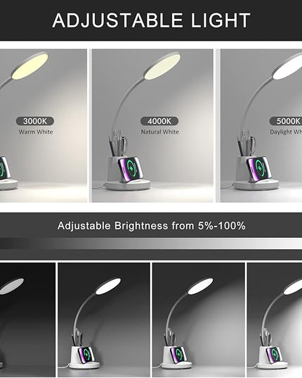 Desk Lamp for Home Office, LED Desk Lamp with Wireless Charger Pen Phone Holder, Dimmable Desk Light 3 Color Modes, College Dorm Study Lamp for College Dorm, CRI 90 800 Lumen - LeafyLoom