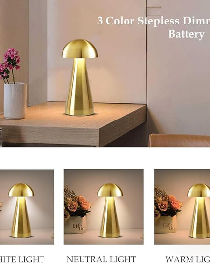 Cordless Metal Desk Lamp, Touch Sensor Control LED Table Lamp,3 Color Stepless Dimmable Battery Powered Lamp (Gold) - LeafyLoom