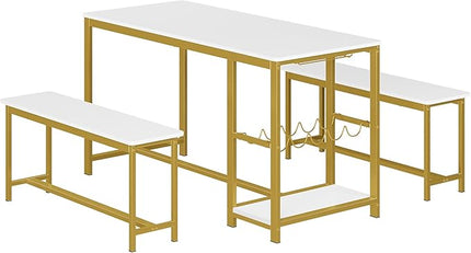 3-Piece Kitchen Table for 4, 55" Dining Table Set with 2 Benches, Dining Room Table with Metal Frame, Storage Shelf, Wine and Glass Rack, Modern (white) (White) - LeafyLoom