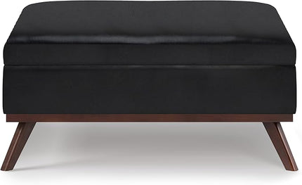 SIMPLIHOME Owen 36 Inch Wide Mid Century Modern Square Coffee Table Lift Top Storage Ottoman in Upholstered Midnight Black Faux Leather, For the Living Room - LeafyLoom