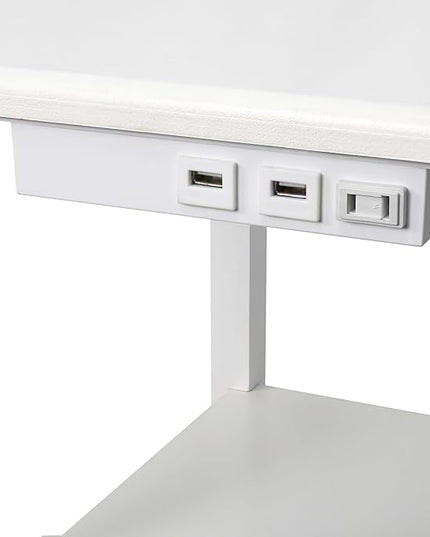 Simple Designs LF2016-WHT 57" Modern 2 Tier End Table Floor Lamp Combination with 2 x USB Charging Ports & Power Outlet with White Drum Fabric Shade for Bedroom, Living Room, Office, White - LeafyLoom