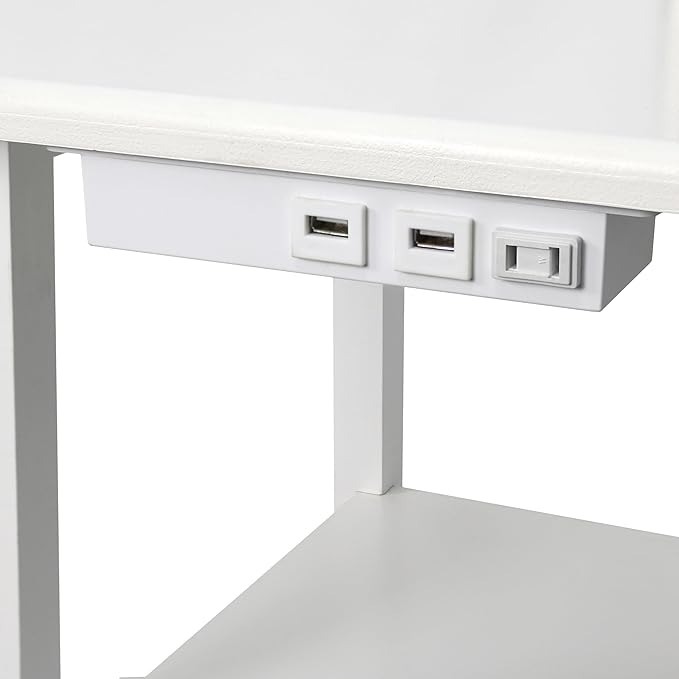 Simple Designs LF2016-WHT 57" Modern 2 Tier End Table Floor Lamp Combination with 2 x USB Charging Ports & Power Outlet with White Drum Fabric Shade for Bedroom, Living Room, Office, White - LeafyLoom