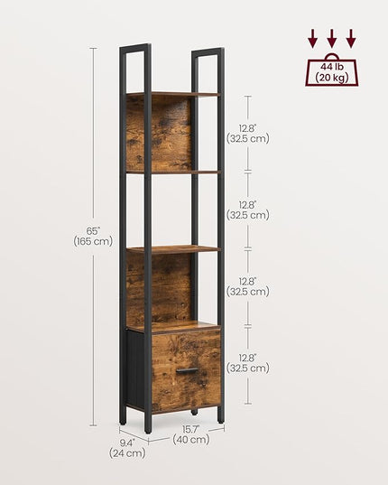 VASAGLE 5-Tier Bookshelf, Book Shelf with Drawer, Industrial Bookcase, with Steel Frame, for Living Room, Home Office, Bedroom, 9.4 x 23.6 x 65 Inches, Rustic Brown and Black ULLS147B01 - LeafyLoom